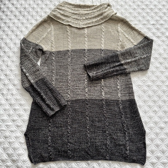 JEANNE PIERRE Beige Gray Black Stripe Cotton Cable Knit Cowl Tunic Sweater Sz M - Picture 11 of 13